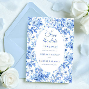 Moderne Navy Rozen Toile Save the Date Trouwkaart Aankondiging