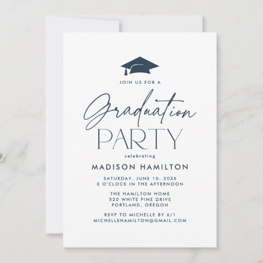 Moderne Navy Script Afstudeerfeest Kaart (Voorkant)