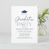 Moderne Navy Script Afstudeerfeest Kaart (Staand voorkant)
