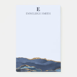 Moderne Navy Sky Blue Gouden Agaat Marmer Monogram Post-it® Notes