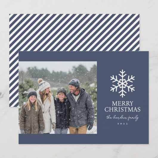 Moderne Navy Sneeuwvlok Kerst Foto Feestdagenkaart (Voorkant / Achterkant)