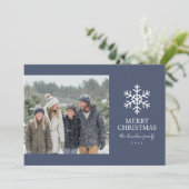 Moderne Navy Sneeuwvlok Kerst Foto Feestdagenkaart (Staand voorkant)