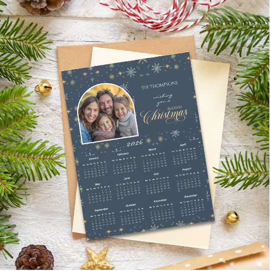 Moderne Navy Snowflake Foto 2026 Kalender Kaart