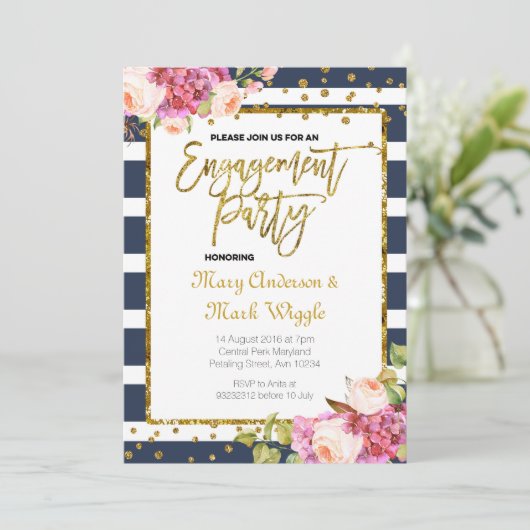 Moderne Navy Stripes verlovingsfeest uitnodiging (Staand voorkant)