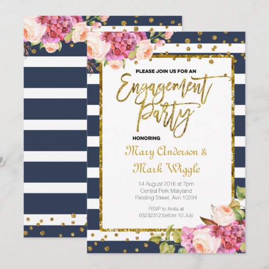 Moderne Navy Stripes verlovingsfeest uitnodiging (Voorkant / Achterkant)