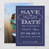 Moderne Navy Swirl Save the Date Foto Aankondiging (Voorkant / Achterkant)