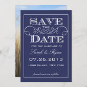 Moderne Navy Swirl Save the Date Fotoaankondiging (Voorkant / Achterkant)