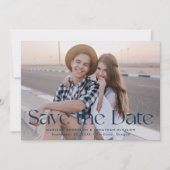 Moderne Navy Vintage Lettering Foto Save The Date (Voorkant)