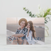 Moderne Navy Vintage Lettering Foto Save The Date (Staand voorkant)