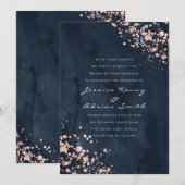 Moderne Navy Waterverf Roze Gouden Diamanten Trouw Kaart (Voorkant / Achterkant)