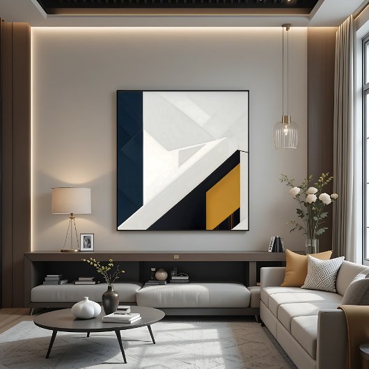 Moderne Navy Wit Gouden Geometrische Laag Canvas Afdruk