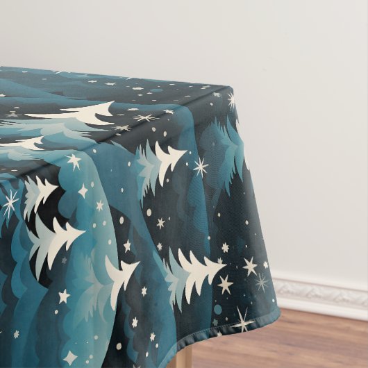 Moderne Navy Witte Kerstbomen Donkere Nacht Tafelkleed (Voorbeeld)