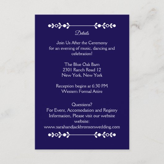 Moderne Navy & Witte Trouwdetails Kaart (Voorkant)