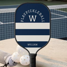 Moderne Navy Zomer Kuststrepen Monogram   Pickleball Paddle