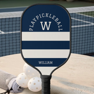 Moderne Navy Zomer Kuststrepen Monogram Pickleball Paddle