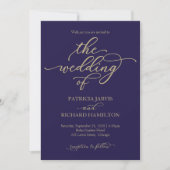 Moderne Navyblauw en Gouden Script Bruiloft Kaart (Voorkant)