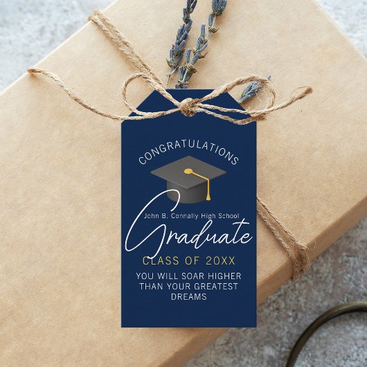 Moderne Navyblauwe Afstudeerfeestje Cadeaulabel