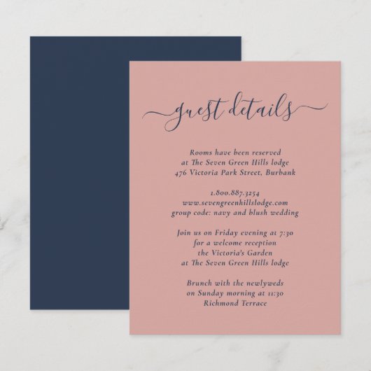 Moderne Navyblauwe en Roze Huwelijk Informatiekaartje (Voorkant / Achterkant)