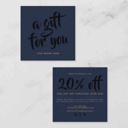 Moderne navyblauwe script couponkortingkaart kortingskaartje (Voorkant / Achterkant)