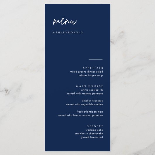 Moderne Navyblauwe Trouw Menu Kaarten (Voorkant)