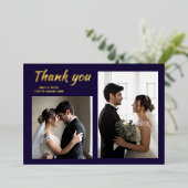 Moderne navyblauwe trouwfolie foto bedankkaart folie uitnodiging (Staand Voorkant)