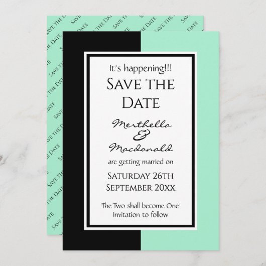 Moderne NEO MINT BLACK, speciaal gepersonaliseerd, Save The Date (Voorkant / Achterkant)