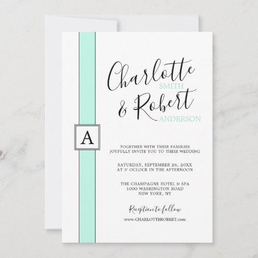 Moderne Neo Mint Groene Monogram Bruiloft Kaart (Voorkant)