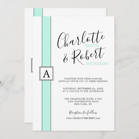 Moderne Neo Mint Groene Monogram Bruiloft Kaart (Voorkant / Achterkant)