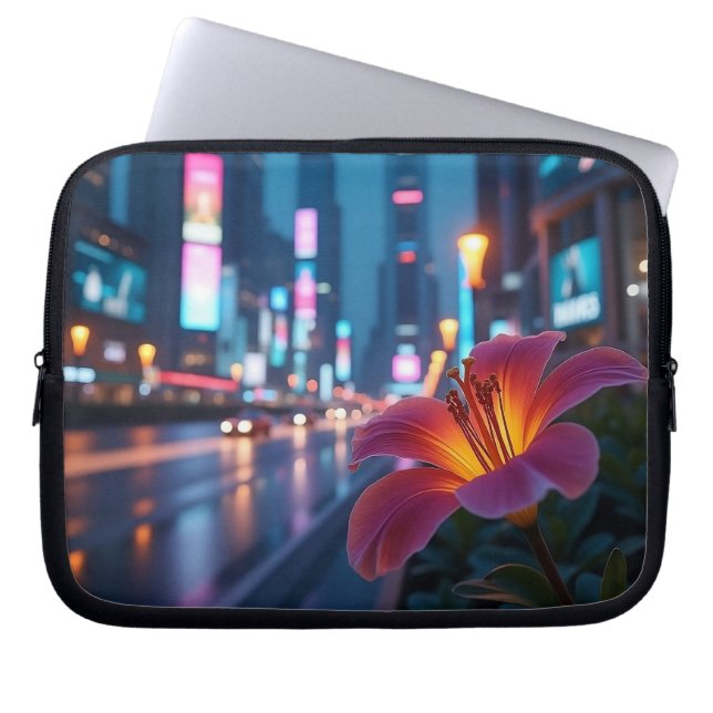 Moderne Neon Bloom Stadslandschap 10' Laptop Sleeve (Voorkant)