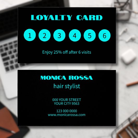 Moderne Neon Blue Black Loyalty Kaarten Visitekaartje