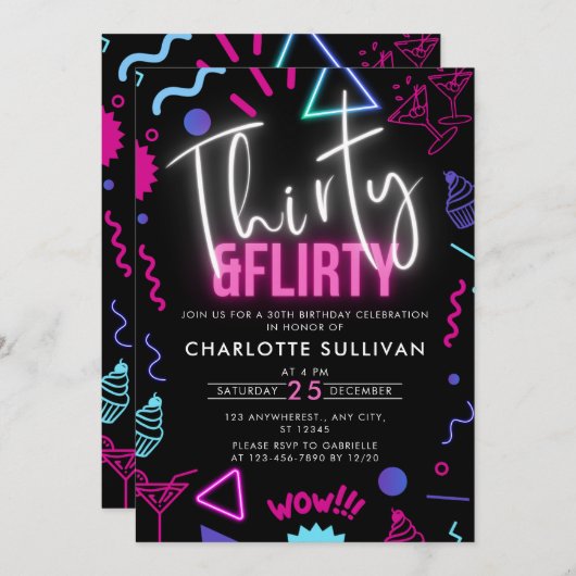Moderne Neon Dertig & Flirty 30ste Verjaardagsfees Kaart (Voorkant / Achterkant)