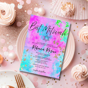 Moderne Neon en Goud Waterverf Bat Mitzvah Kaart