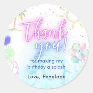 Moderne Neon Gloed Waterverf Pool Feest Bedankt Ronde Sticker