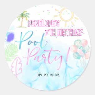 Moderne Neon Gloed Waterverf Pool Feest Verjaardag Ronde Sticker