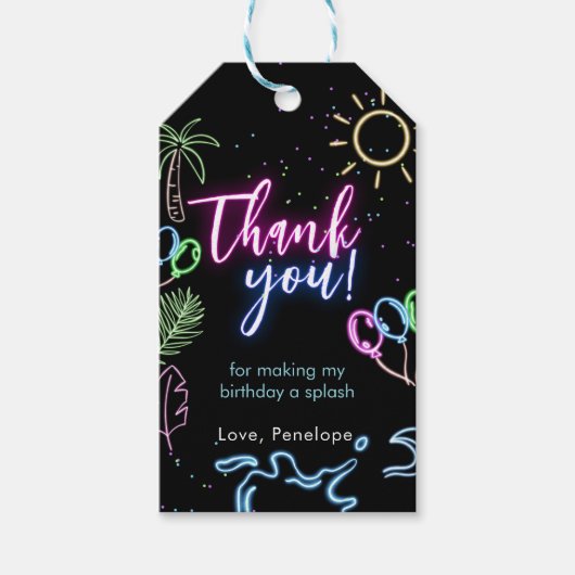 Moderne Neon Gloed Zwarte Pool Party Bedankt Cadeaulabel (Voorkant)