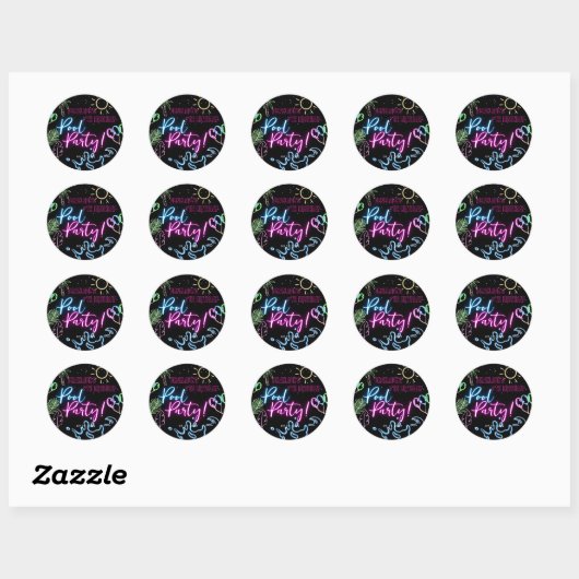Moderne Neon Glow Black Pool Party Verjaardag Ronde Sticker (Vel)