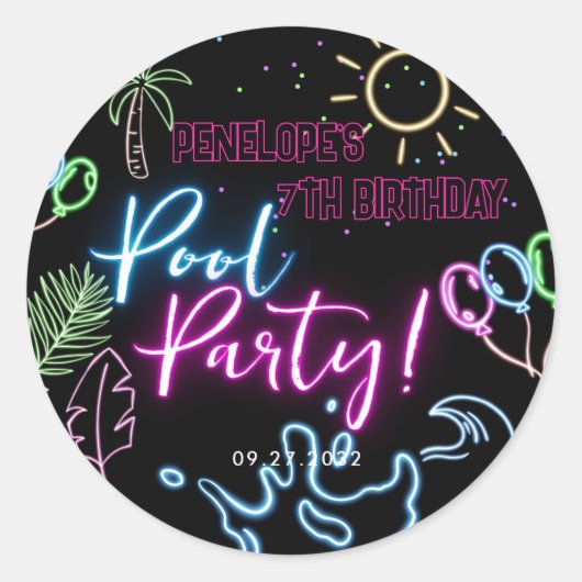 Moderne Neon Glow Black Pool Party Verjaardag Ronde Sticker (Voorkant)