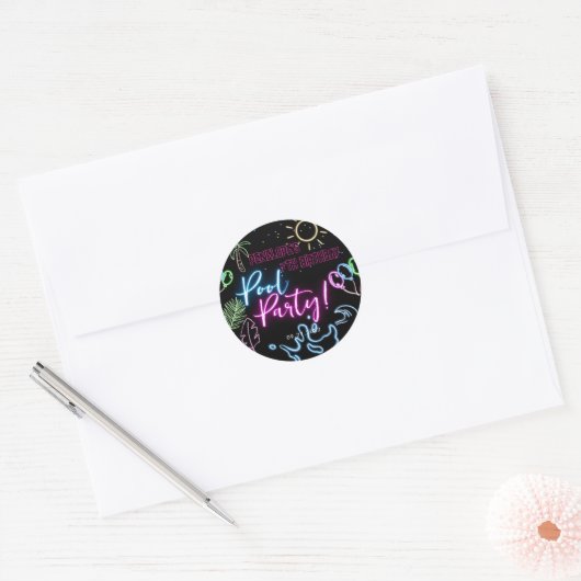 Moderne Neon Glow Black Pool Party Verjaardag Ronde Sticker (Envelop)