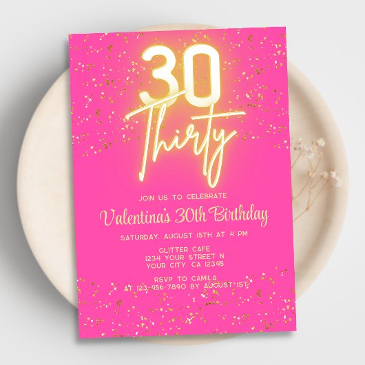 Moderne Neon Glow Hot Pink Gold Glitter 30 Verjaar Kaart
