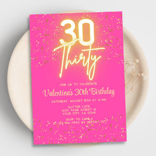 Moderne Neon Glow Hot Pink Gold Glitter 30 Verjaar Kaart