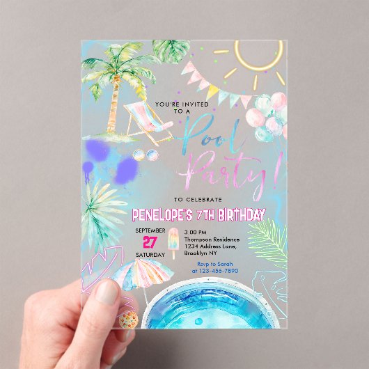 Moderne Neon Glow Waterverf Pool Party Verjaardag Acryl Uitnodigingen (Insitu (Draagbaar))
