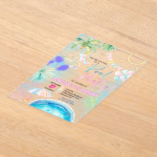 Moderne Neon Glow Waterverf Pool Party Verjaardag Acryl Uitnodigingen (Laagn)