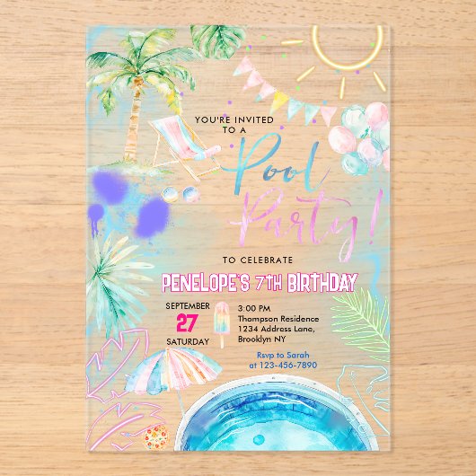 Moderne Neon Glow Waterverf Pool Party Verjaardag Acryl Uitnodigingen (Voorkant)