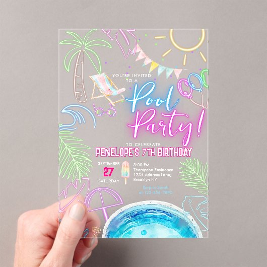 Moderne Neon Glow Waterverf Pool Party Verjaardag Acryl Uitnodigingen (Insitu (Draagbaar))