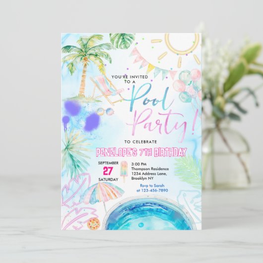 Moderne Neon Glow Waterverf Pool Party Verjaardag Kaart (Staand voorkant)