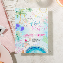 Moderne Neon Glow Waterverf Pool Party Verjaardag Kaart