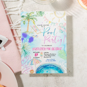 Moderne Neon Glow Waterverf Pool Party Verjaardag Kaart