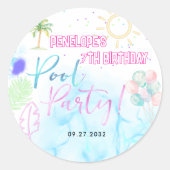 Moderne Neon Glow Waterverf Pool Party Verjaardag Ronde Sticker (Voorkant)