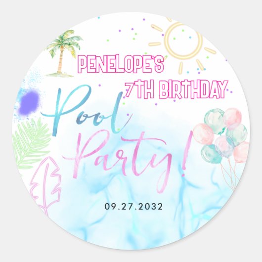 Moderne Neon Glow Waterverf Pool Party Verjaardag Ronde Sticker (Voorkant)