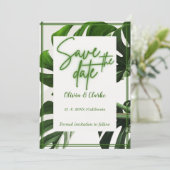 Moderne Neon Groen en Witte Tropische Save the Dat Kaart (Staand voorkant)